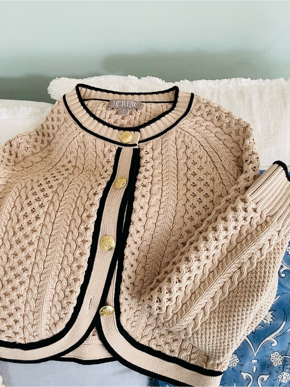 J. Crew Cream Cable-Knit Cardigan with Black Trim and Gold Buttons
